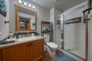 Master bathroom: features sink, toilet and walk in shower. Pamper yourself with the luxurious soaps, shampoo and conditioner.